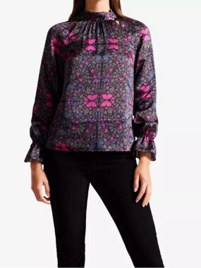 Ted Baker London Black Floral Blouse with Pink Accents Size XS